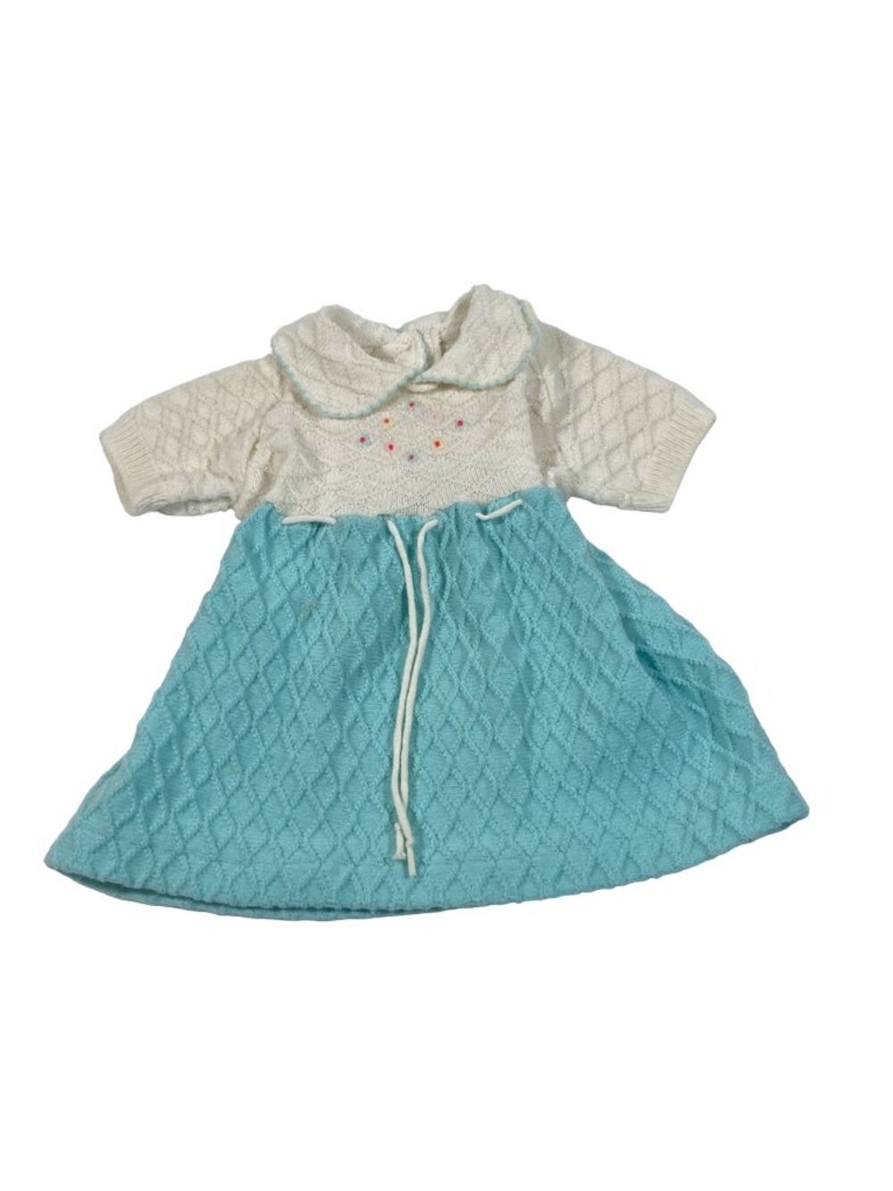 Knit Dress Blue White Diamond Pattern Floral Girls 18-24 M Israel Vintage